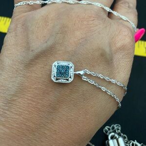 Sterling silver 925 necklace with pendant, tiny sparkly blue stones